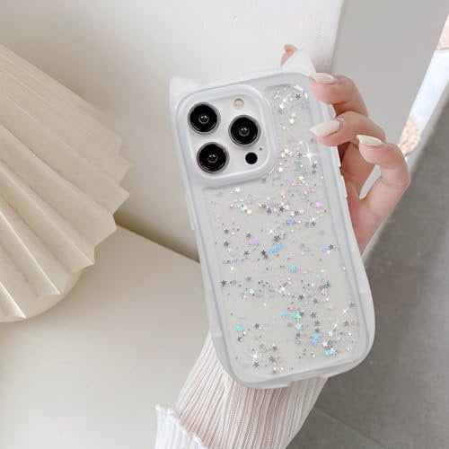 UEEBAI Case for iPhone 15 Pro Max 6.7 inch, Cute Glitter Bling Shine Candy Color Cat Shape Soft TPU Phone Case, Shockproof Silicone Slim Pretty Case Protective Non-yellowing Cover,Clear White