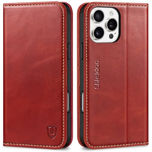 SHIELDON Wallet Case for iPhone 16 Pro Max 5G, Genuine Leather Flip Case with [Kickstand][RFID Blocking][Card Holder] Magnetic Closure Book Style Cover Compatible with iPhone 16 Pro Max - Retro Red