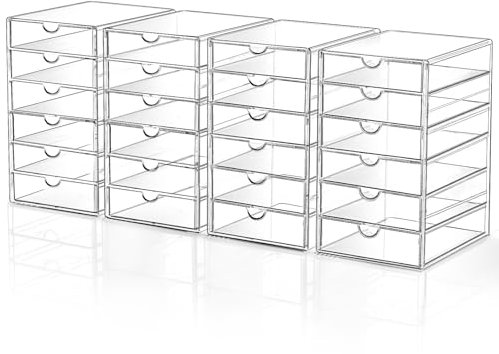 Make-up-Schubladen-Organizer mit 24 Schubladen, 4er-Set, Acryl, Büro-Schreibtisch-Organisation und Aufbewahrung, staubdichter Schubladen-Organizer für Make-up, Büro, Arbeitsplatte, Schmuck, Stift,