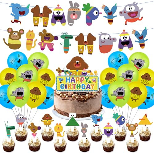 Luclay DQ 2 Dugg-ee Balloons Happy Birthday Banner, Birthday Decoration for Boys - love Cartoon Hey Dugg-ee - Happy Birthday Balloons Party Decorations - Include Cake Toppers, Latex Balloons