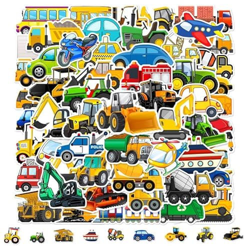Bagger Sticker Kinder Set, 120 Stück Cartoons Fahrzeuge Aufkleber, Traktor Aufkleber Baustelle, Wasserdichte Vinyl Stickers, Auto Sticker Kinder für Laptop, Koffer, Skateboard, für Mitgebsel