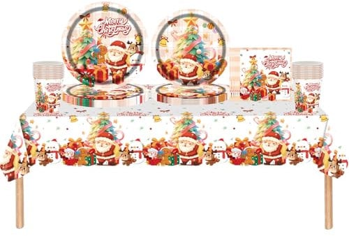 Ensemble de 69 pièces de vaisselle de fête en papier de Noël, nappe en plastique, assiettes en papier, serviettes et tasses, décorations de Noël, ensemble de vaisselle pour fête de Noël