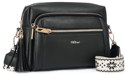 HILAEX Umhängetasche Damen mit 4 Fächern, Handtasche Damen Mittelgroß mit Anti Diebstahl Leder Crossbody Bag mit Verstellbar Abnehmbar Breiter Schultergurt Schwarz