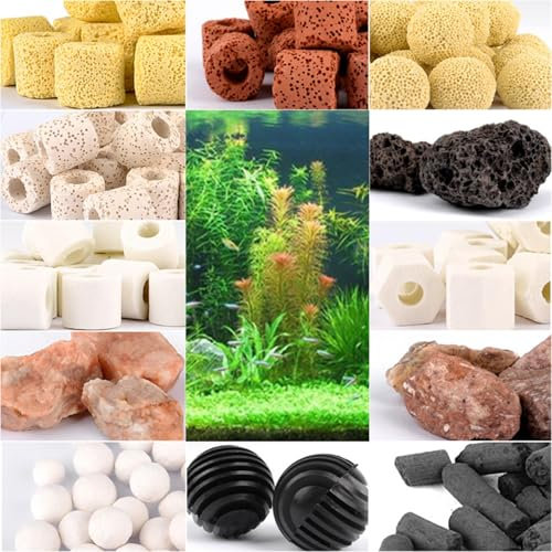 Hugsweet 12 in 1 Aquarium-Filtermedien,Aquarienfiltermaterial,Keramik Ringe Filtermaterial Aktivkohle-Filtrationsmaterial für Aquarium, Geeignet für Aquarien und Fischteiche