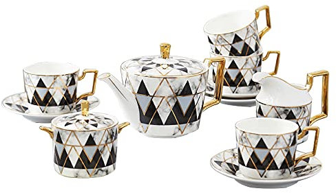 KHYTEBV Juego de té de Porcelana para Adultos Tetera con Tazas y platillos Juego de café de cerámica Simple y Moderno con Jarra de Leche, azucarero, cucharas a Juego,