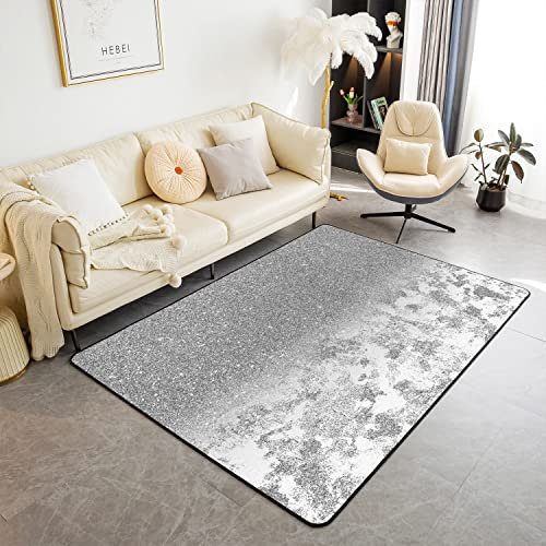 Glänzender Glitzer-Teppich mit silbernem Marmor-Akzent, 150 x 200 cm, moderner und stilvoller Wohnzimmerteppich für Kinder, graue Bodenmatte mit Pastell-Dekor