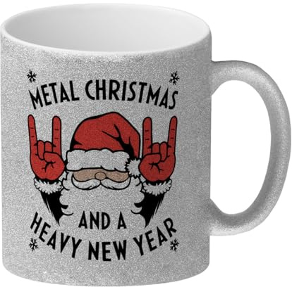 speecheese Weihnachtsmann Rock-Handzeichen - Metal Christmas Glitzer-Kaffeebecher Getränke genießen im Winterchaos Rock-Handzeichen nahe Schneeflocken HEAVY Ideal für Fans