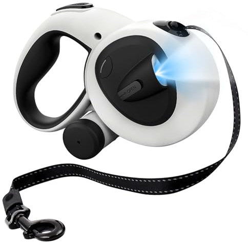 Einziehbare Hundeleine, 5m Hundeleine mit LED-Licht, Rollleine für Hunde bis 50kg, Robuste Haustierleine, Hundetrainingsleine, Hundekotbeutel Spender, Chew Proof Hundeleine für Nachtspaziergänge