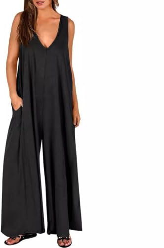 AOWVUTS Salopette Donna Casual Baggy Jumpsuit Estiva Tuta Allentata Senza Maniche Overall Sciolto Gamba Larga Pantaloni Taglie Forti Comoda Pagliaccetto con Tasche