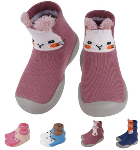 Aolso Bébé Chaussettes Antidérapantes Chaussures, Chaussons Chaussettes Semelle Souple Antidérapants pour bébé, Unisex Pantoufles pour Fille Garçon - 12-24 Mois(Chat rose)