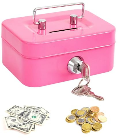 Spetsbst Geldkassette Abschließbar Klein Kasse mit Schlüssel und Schlitz, Spardose aus Stahl, Geldkassette Kinder (Rosa)