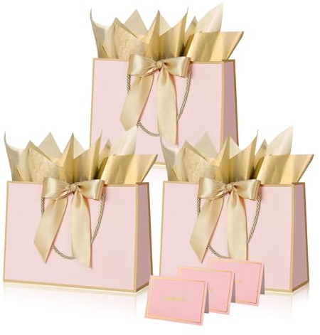 Pink Gold Paper Gift Bags with Handles,3pcs Medium Gift Bags for Presents,Wrapping Gift-Bag with Bow Ribbon Tissue Papers and Cards,28*20*10cm Wrapping Bag for Christmas Birthday Wedding Bridesmaid