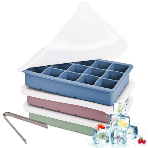 Ice Cube Tray, Easy-Release Silicone Large Ice Moulds with Removeable Lids, Perfect for Chilled Drinks, Freezer, Baby Food, Whiskey and Cocktail, LFGB Certified and BPA Free (3 Color)