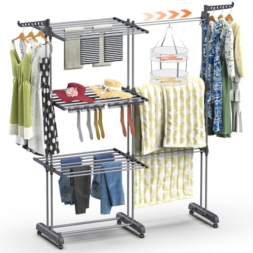 Huracan Wäscheständer Turm 2in1 Klappbar, Ausziehbar & Platzsparend, Wäscheturm, Turmwäscheständer Hoch, Flügelwäscheständer Clothes Drying Rack, 3 Etagen & inklusive 2 Socken- Unterwäschehalter, grau