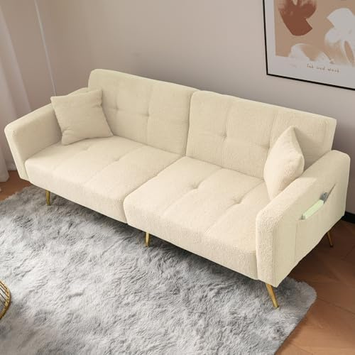 DRIXNO Schlafsofa mit Bettfunktion, verstellbarem Winkel, goldenen Beinen, mit Kissen und seitlichen Aufbewahrungstaschen,Beige