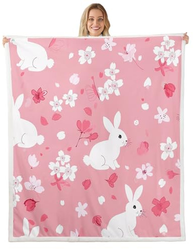 Homemissing Kinder Niedlich Kaninchen Decke 150x200cm Jungen Mädchen Kirschblüten Kuscheldecke Cartoon Bunny Couchdecke Blüte Blumen Muster Decke