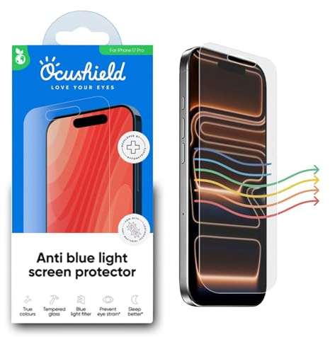 Ocushield Blue Light Screen Protector for iPhone 17 Pro | Fits 6.3 inch display. 9H tempered glass blocks UV & blue light. Designed by UK optometrists.