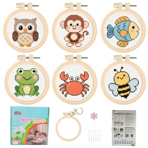 57lilina Einfache Stickset Kinder ab 8 Jahren & Anfänger, 6 Stück | Süß Stickbilder zum Sticken, DIY Klein kreuzstich Set Vorgedruckt für Rucksack-Ornament, Schlüsselanhänger & Geschenke