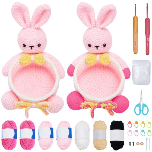 FREEBLOSS 2 Set Häkelset Für Osterhasen – Ideal Für Anfänger Inklusive Schritt Für Schritt Videoanleitungen Und Strickzubehör Für Erwachsene Zur Dekoration Des Osterkorbs.