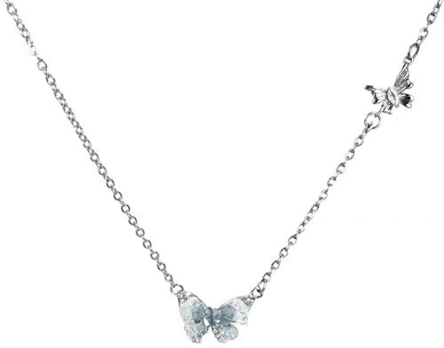 crayfomo Ice Crystal Butterfly Tassel Necklace - Blue Enamel Butterfly Pendant with Dainty Crystals & Pearls, Elegant Chain Necklace for Women, Fairy core Aesthetic Jewelry