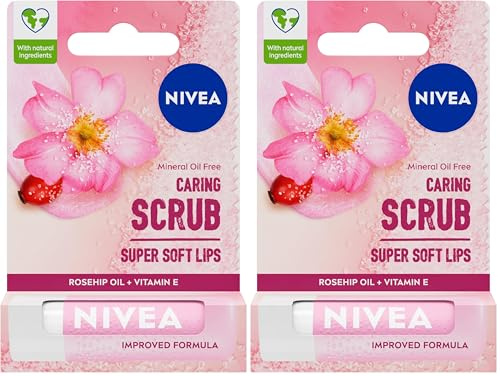 NIVEA 2 in 1 Pflege-Lippenpeeling Mit Hagebuttenöl (5,5 ml), Vitamin E, Lippenbalsam + Natürliche Peeling-Partikel, Peeling-Effekt (Packung mit 2)