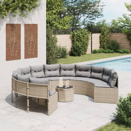Mokuyary Gartensofa mit Tisch und Kissen Rund Beige Poly-Rattan Gartenmöbel Set, Outdoor Balkonset Terrassenmöbel, Gartenlounge Sitzgruppe für Terrasse, Balkon, Garten