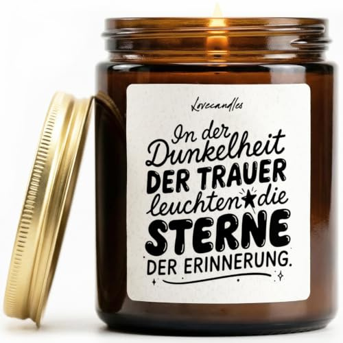 Sterne der Erinnerung - Duftkerze mit Spruch als Geschenk für Abschied & Trauer, für Hinterbliebene/Angehörige, Kerze im Glas mit Vanilleduft, Lustige Vanille Duftkerzen im Glas
