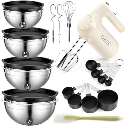 Lord Eagle 5-Speed Hand Mixer Electric Whisk 300W With 4 Mixing Bowls Set | Lightweight Kitchen Handheld Mixer with Measuring Cups & Spoons, Stainless Steel Bowls, Baking Supplies for Cake, Cream
