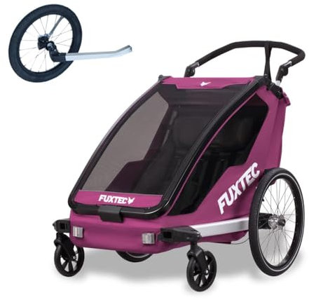 Fuxtec 2in1 Fahrradanhänger Buggy mit Joggerrad FX-FA1-SET-PURPUR mit Anhänger für 2 Kinder aus Aluminium - Faltbarer Kinderanhänger mit Regen- und Sonneschutz