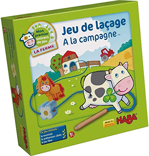 HABA 5895 - Mein erstes Spiel-Universum - Die Bauernhof - HABA auf dem Bauernhof mit 10 Holzschnürfiguren und 4 Modellen (Made in Germany)