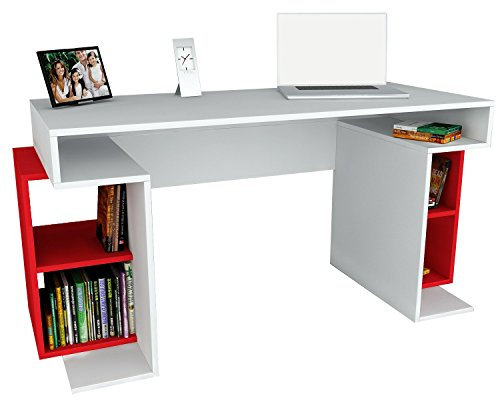 Alphamoebel Schreibtisch, Computertisch, Arbeitstisch, Bürotisch, Laptoptisch, PC-Tisch I Monument 1216 I 153,6 x 60 x 75 cm I Weiß Rot