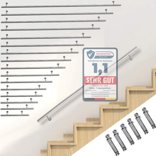 Melko Handlauf Treppengeländer Edelstahl V2A 150 cm für innen und außen | Ø 4,2 cm, witterungsbeständig, inkl. Wandhalterung, Endkappen, Schrauben und Dübel, für Eingangsbereich und Balkon