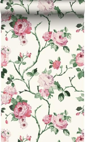Origin papier peint fleurs blanc crème, rose et vert 53 cm x 10.05 m Wallcoverings
