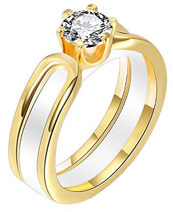 HIJONES Damen Abnehmbar Kristall Keramik Ring Eheringe aus Edelstahl Komfort Fit mit Zirkonia Gold Weiß Größe 57