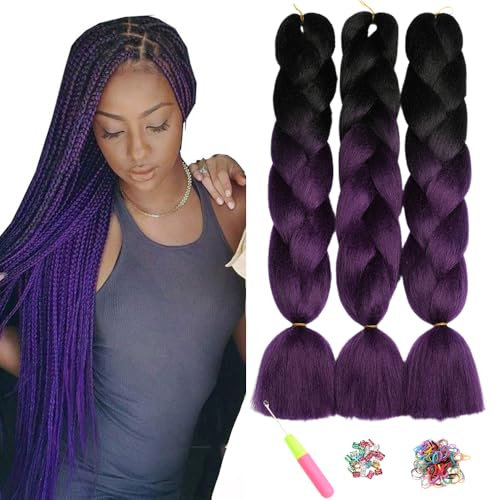 Kanekalon Meches Tresse Cheveux, Meches Pour Tresses Africaine, ShowJarlly 24 Jumbo Braids Meches 3Paquets Extension de Cheveux Tresse Ombre Jumbo Extension de Fibre Synthétique(Noir/Violet#)