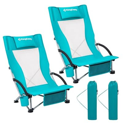 KingCamp 2er Set Strandstuhl Klappbar Leicht, Niedrig Campingstuhl Strandstuhl Faltbar, 180 kg Belastbar, Klappstuhl Strand mit Armlehnen Getränkehalter Netztasche, Strandsessel Mesh Hochlehner, Cyan