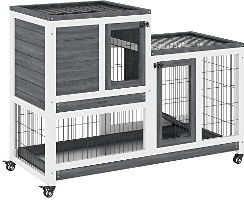 PawHut Clapier à Lapin sur roulettes Cage à Lapin intérieur extérieur 2 étages 2 Portes verrouillables 2 Plateaux coulissants Rampe Bois de Sapin Gris Blanc