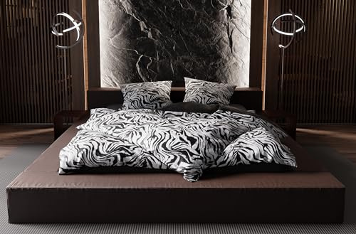 Bettwaesche-mit-Stil Modernes Zebra Muster Mako Satin Bettwäsche schwarz weiß 200x220 + 2X 80x80 cm - 100% Baumwolle