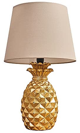 MiniSun | Contemporary Pineapple Design Table Lamp in a Gold Effect Finish with a Beige Tapered Shade - Complete with 4w LED Golfball Bulbs | Table Lamps & Home Improvements Essential