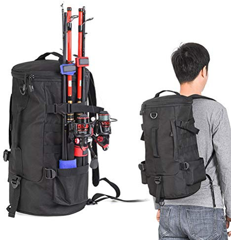 Angelgerät Rucksack, Angelgerät Box Bag, Angel-Tragetasche, zylindrisches Angeln Polyester Angeltaschen mit großer Kapazität Rucksack mit Rutenhalter Angelausrüstung Tasche Schwarz