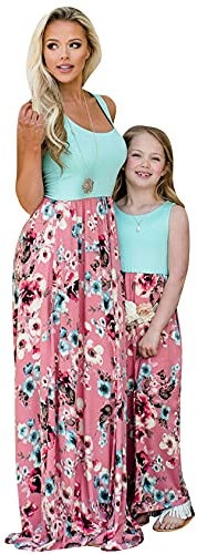 EFOFEI Frauen Strand Maxi Kleid Sommer Sonnenanzug Flower Muster Shirt Kleid Swing Ballkleider Mutter Und Tochter Kleider Set Blaue Flower S