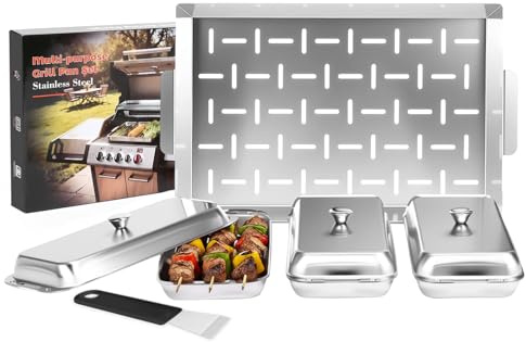 GFTIME Edelstahl Grillkorb Set 4-teilig, Grillpfannen mit Deckel & abnehmbarem Griff, Universal Grillzubehör für Gas- & Holzkohlegrill, Spülmaschinenfest, Grillpfännchen Set für Gemüse Fleisch Fisch