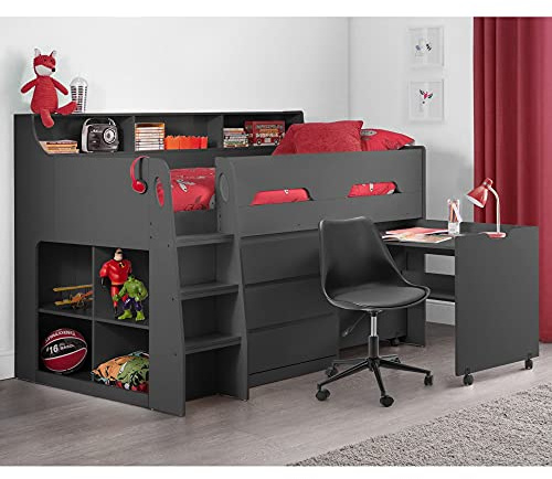 happybeds Jupiter and White and Grey Wooden Mid Sleeper Bed, 3ft Single | 3ft Single, Wooden Mid Sleeper Bed, Memory Foam Mattress Included, White, Grey, Storage Shelves, Solid Slatted Base, Desk