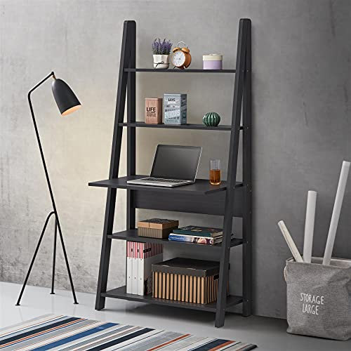 Timber Art Design Riva 5 Tier Ladder Bookcase Organizer Rectangular Shelves & Overhanging Desk Shelf Store Living Room Decor Storage Furniture (84.2 x 175.4 x 50 cm, Black)