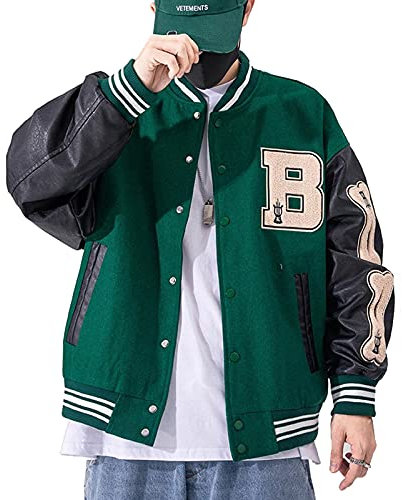 Moshtashio Herren College Jacke Baseballjacke Unisex Mode Sportjacke Sweatjacke Urban Stehkragen Streetwear (Grün, XL)