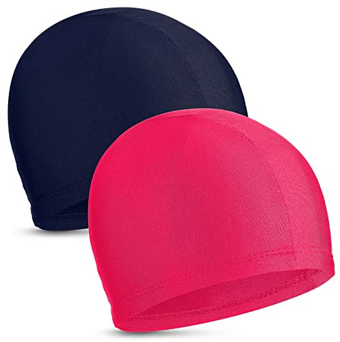 2 Pièces Bonnets de Bain Élastiques Bonnet de Natation en Tissu Confortable Bonnets de Bain Légers pour Femmes Hommes Enfants en Nageant (Bleu Marine, Rose Profond)