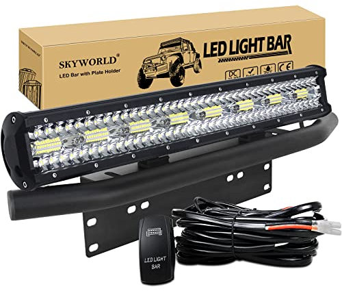 SKYWORLD 59 cm 480W LED Arbeitsscheinwerfer Bar 12V 24V Spot-Flood-Kombistrahl Zusatzscheinwerfer mit schwarzer Kennzeichenhalterung Rocker Switch Kabelbaum-Kit für LKW PKW ATV SUV 4x4 LKW Coche