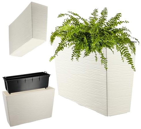 KADAX Blumenkasten aus Kunststoff, 18,5x55,7cm, 5 Farben, Blumentopf mit Bewässerungsbändern, Balkonkasten mit Einsatz, Pflanzkasten für Außen, Blumenkubel (Rechteckig, Ritzmuster, Creme)