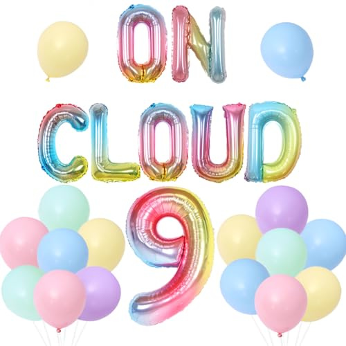 Sursurprise On Cloud 9 Geburtstag Dekorationen für Mädchen, Gradient On Cloud 9 Luftballons, Pastell Regenbogen Wolke Ballon für Wolke Regenbogen 9th Birthday Party Supplies