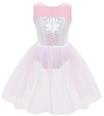 Freebily Abito da Pattinaggio Artistico Bambina Paillettes Tutu Body da Danza Classica Senza Manica Abito da Ballo Latino Vestito da Ballo Costumi di Danza Performance Rosa 7-8 Anni